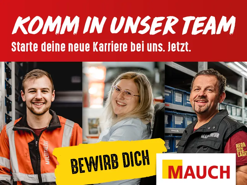 „Tri osobe ispred crvene pozadine teksta: 'Pridružite se našem timu', 'Prijavite se u Mauch'.“