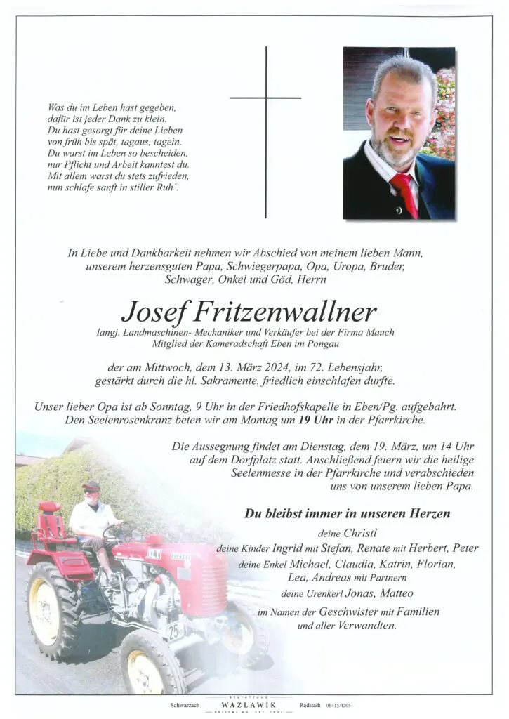 Traueranzeige für Josef Fritzenwallner mit Bild, Trauertext und Beerdigungsdetails.