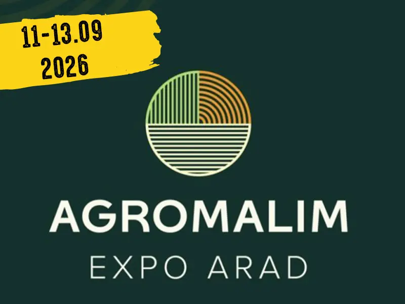 Grafică cu sigla Agromalim și textul „AGROMALIM EXPO ARAD”, bară galbenă în partea de sus cu data „11–13.09.2026”.