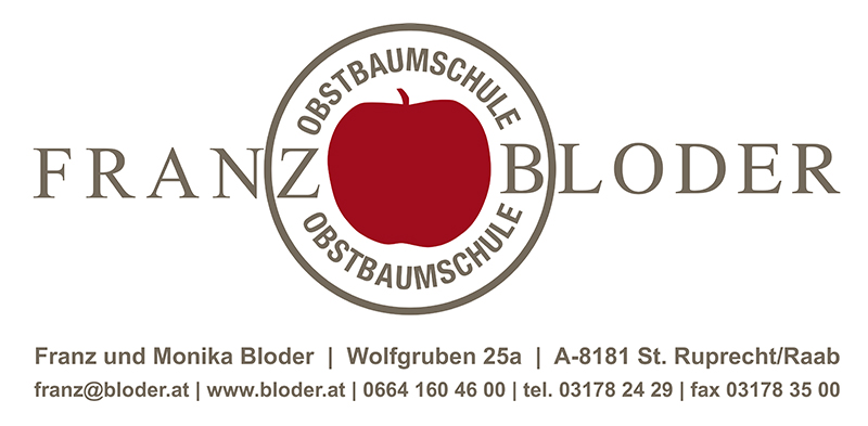 Logo der Obstbaumschule Franz Bloder mit rotem Apfel in der Mitte und Kontaktinformationen darunter.