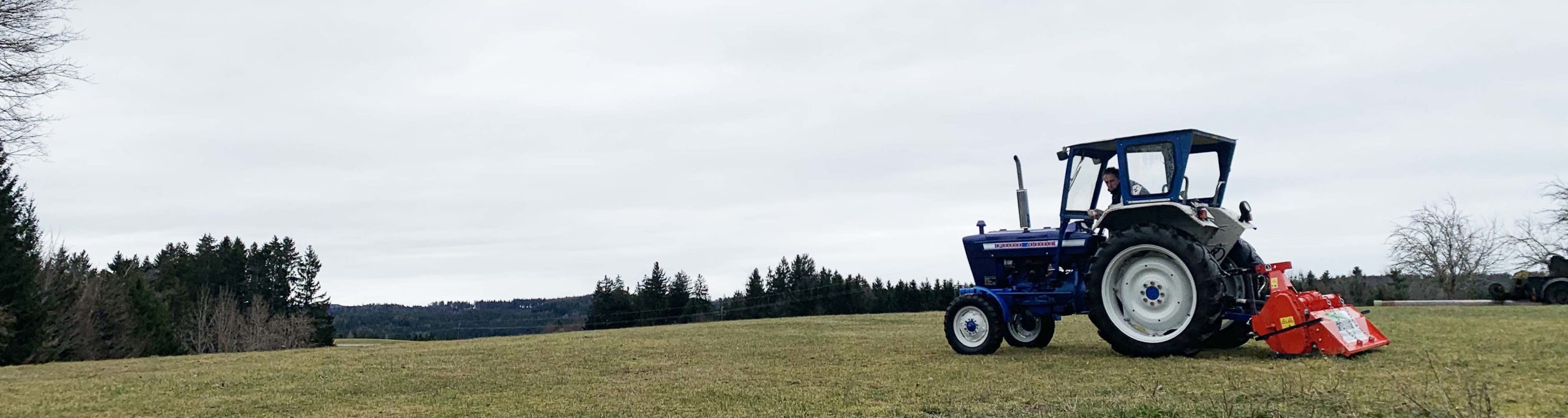 Ein blauer Traktor mit Vigolo Bodenfräse auf einer Wiese vor bewaldeter Kulisse.