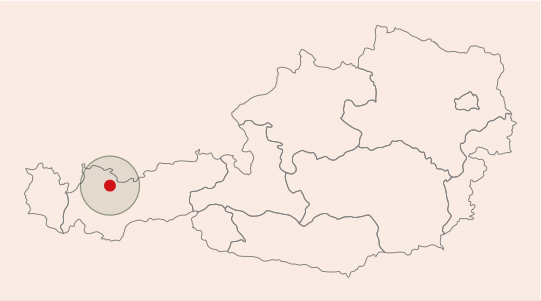 Karte von Österreich mit einem markierten Standort in Westösterreich, beschriftet als Spielmann.