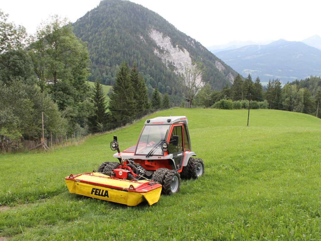 O mașină Fella tunde o pajiște verde în fața unui peisaj forestier muntos.