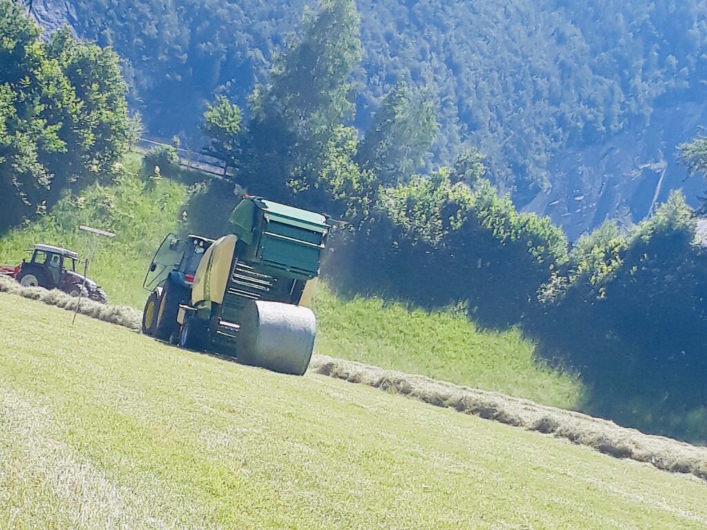 Eine Krone-Rundballenpresse formt auf einem Feld eine Heuballe.