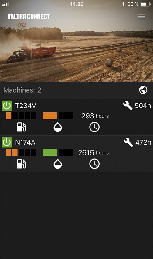 Posnetek zaslona aplikacije Valtra Connect, ki prikazuje stanje delovanja dveh strojev, T234V in N174A.