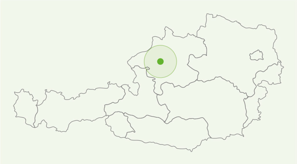 Karte von Österreich mit grünem Punkt zur Kennzeichnung der Schneeberger GmbH-Position.