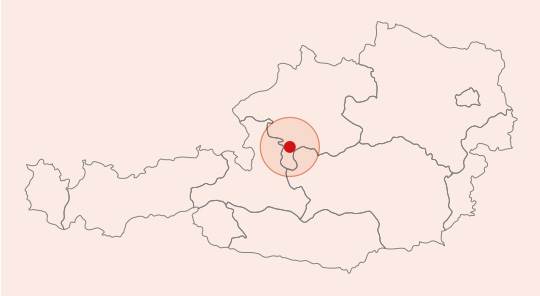 Karte von Österreich mit einem roten Punkt und Kreis, markiert Standort in Niederösterreich.