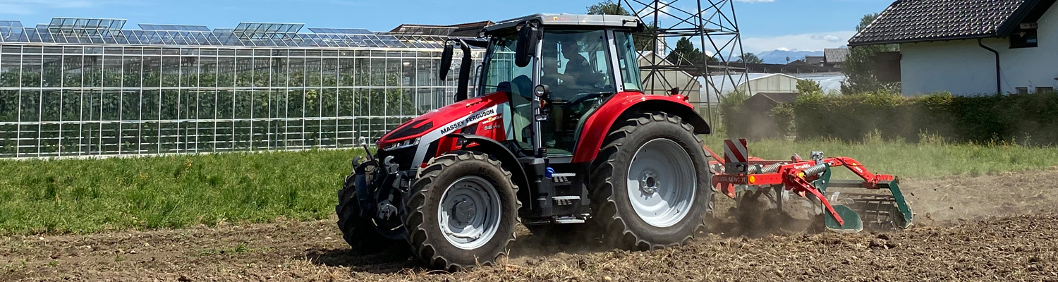 Roter Massey Ferguson Traktor arbeitet auf einem Feld vor einem großen Gewächshaus.