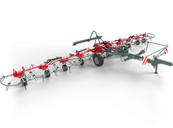 Rotacijski stroj za seno Fella s transportnim mehanizmom na črnem ozadju.